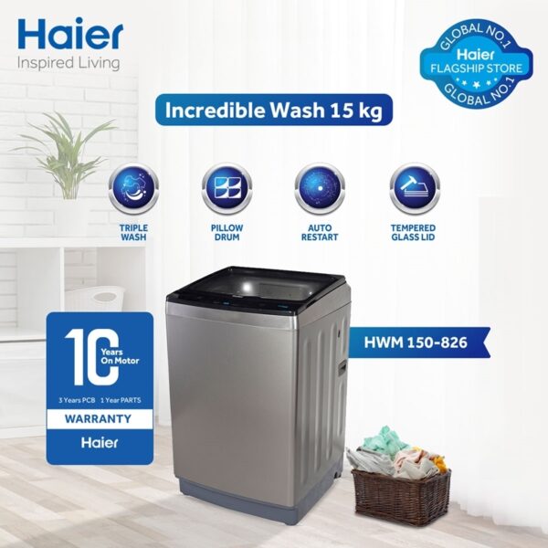 Haier 15KG Top Load Washing Machine HWM 150-826S6 Grey | 1300 RPM Digital