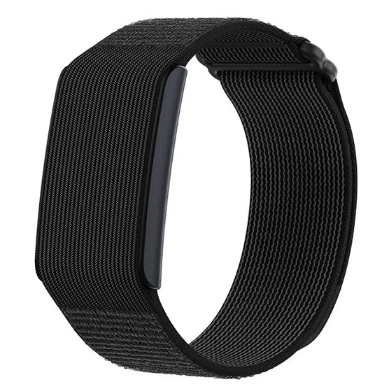 Black woven watch strap on a white background