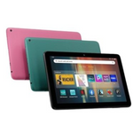 An Amazon Fire tablet shown in the foreground with its screen on, with two tablet cases behind it in pink and teal on a white background.