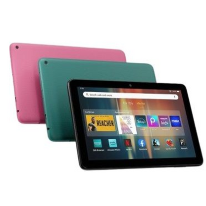 An Amazon Fire tablet shown in the foreground with its screen on, with two tablet cases behind it in pink and teal on a white background.