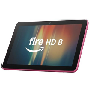 An Amazon Fire HD 8 tablet with a pink protective case, shown at an angle on a plain white background.