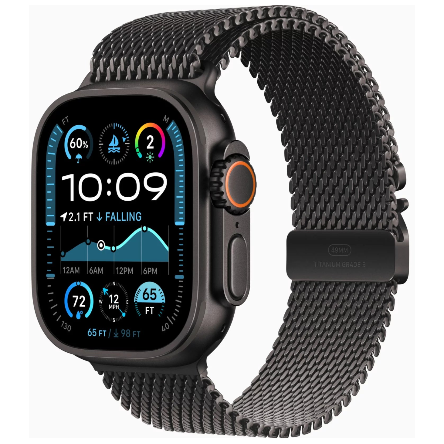 A smartwatch with a black rectangular face and a black mesh loop band, shown on a plain light gray background. The watch body and band are black, with a small orange accent ring around the side button.