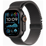 A smartwatch with a black rectangular face and a black mesh loop band, shown on a plain light gray background. The watch body and band are black, with a small orange accent ring around the side button.