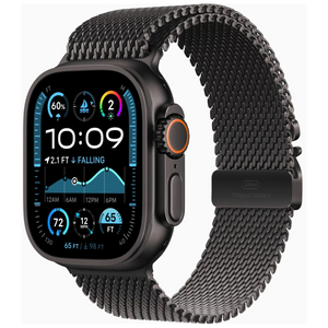 A smartwatch with a black rectangular face and a black mesh loop band, shown on a plain light gray background. The watch body and band are black, with a small orange accent ring around the side button.