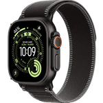 A black smartwatch with a rectangular digital display and a black woven sport band, shown on a plain white background. The watch face displays green and white interface graphics, and the side has a prominent orange ring around the crown button.