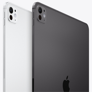 Two Apple devices, one white and one space gray, on a light gray background.