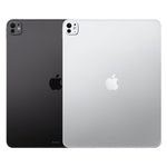 Two Apple iPad back views shown side by side on a white background, one in dark gray and one in silver.