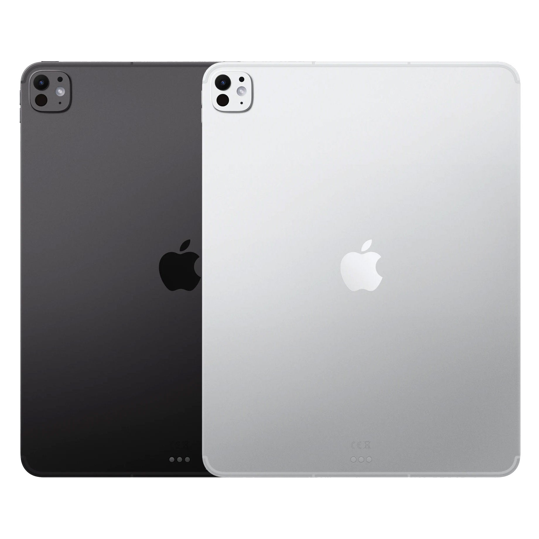 Two Apple iPad back views shown side by side on a white background, one in dark gray and one in silver.