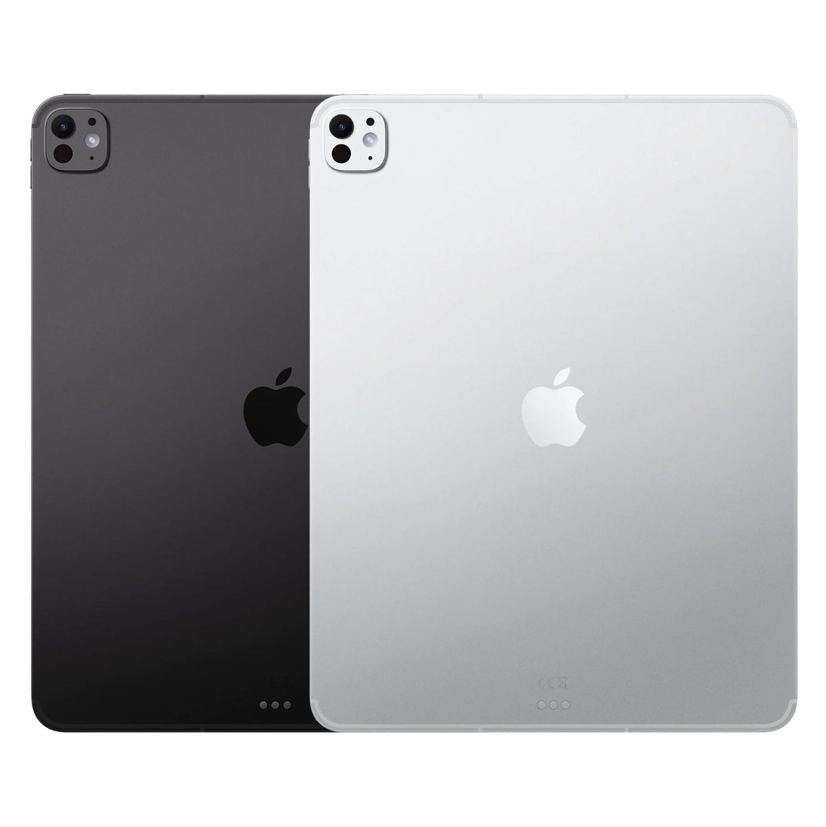 Two Apple iPad back views shown side by side on a white background, one in dark gray and one in silver.