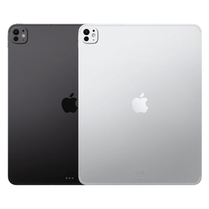 Two Apple iPad back views shown side by side on a white background, one in dark gray and one in silver.