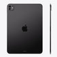 A black Apple iPad shown from the back with a slim side profile view on a plain light gray background.