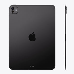 A black Apple iPad shown from the back with a slim side profile view on a plain light gray background.