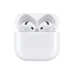 White wireless earbuds in a charging case on a white background