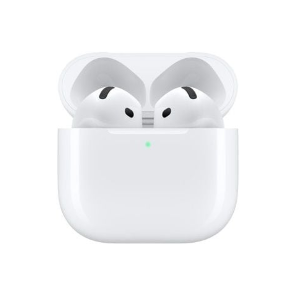 White wireless earbuds in a charging case on a white background