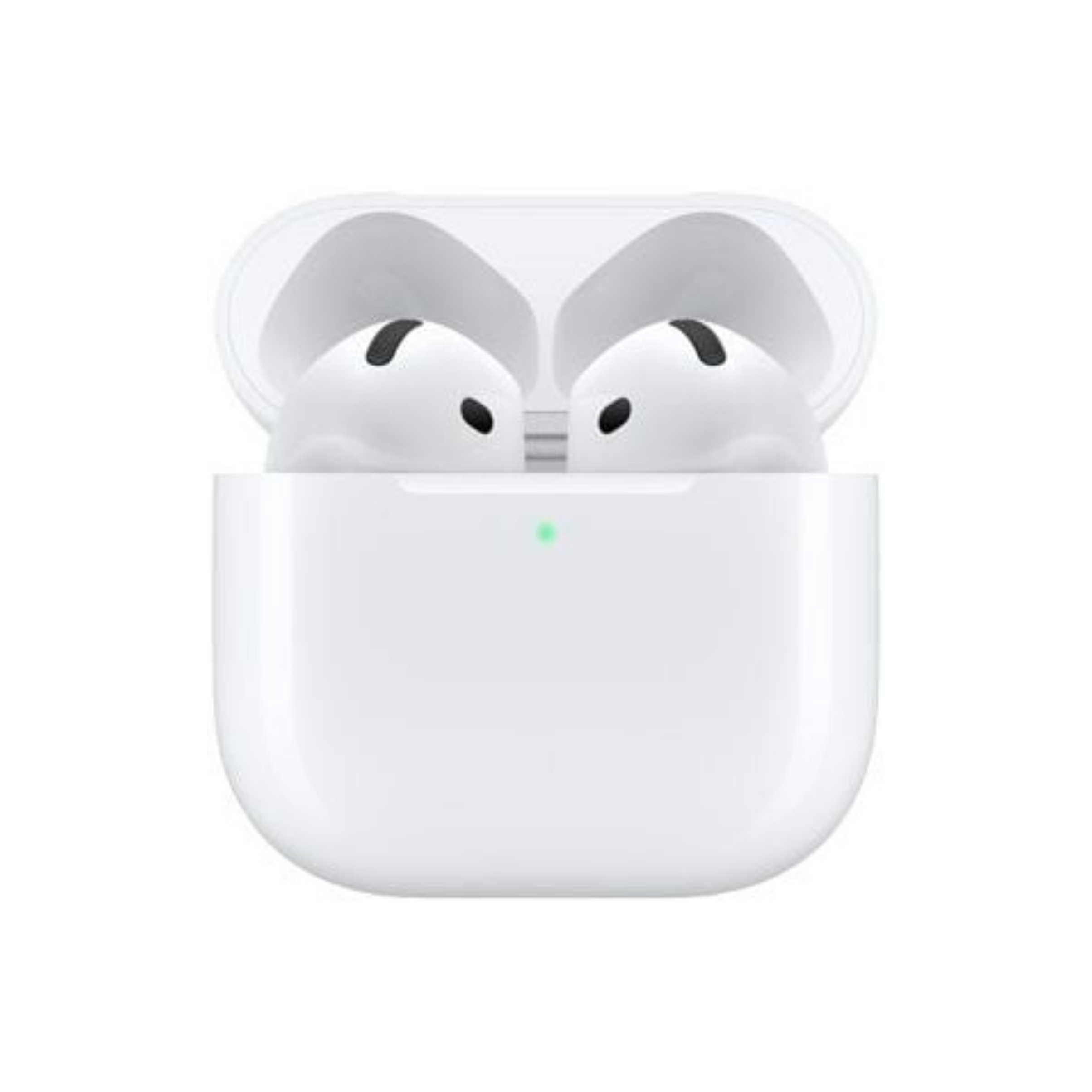 White wireless earbuds in a charging case on a white background