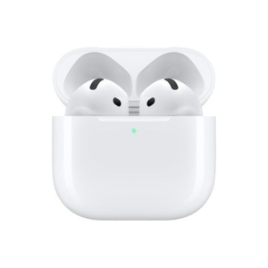 White wireless earbuds in a charging case on a white background