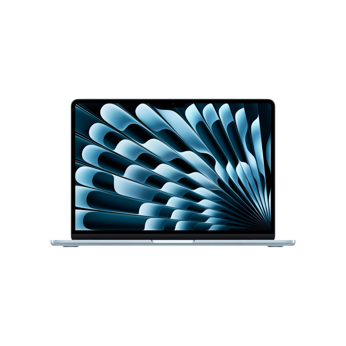 Laptop with a blue abstract design on the screen against a white background