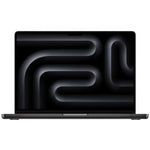 A dark gray laptop shown from the front on a plain white background, with its screen on and displaying a black abstract wallpaper.