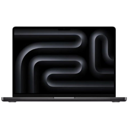A dark gray laptop shown from the front on a plain white background, with its screen on and displaying a black abstract wallpaper.