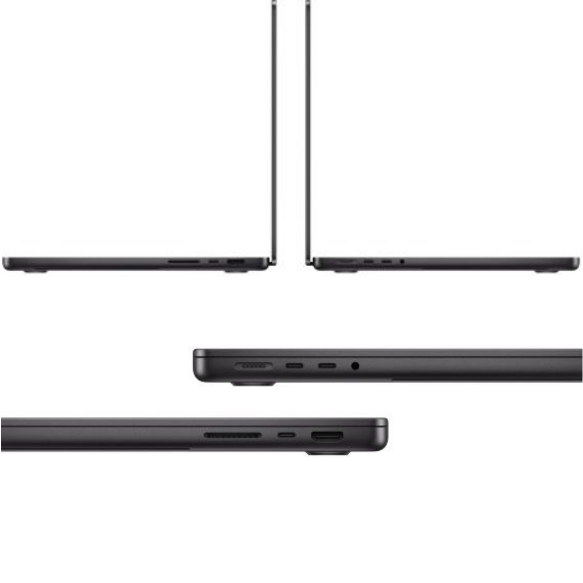 Top, side, and bottom views of a black laptop on a white background