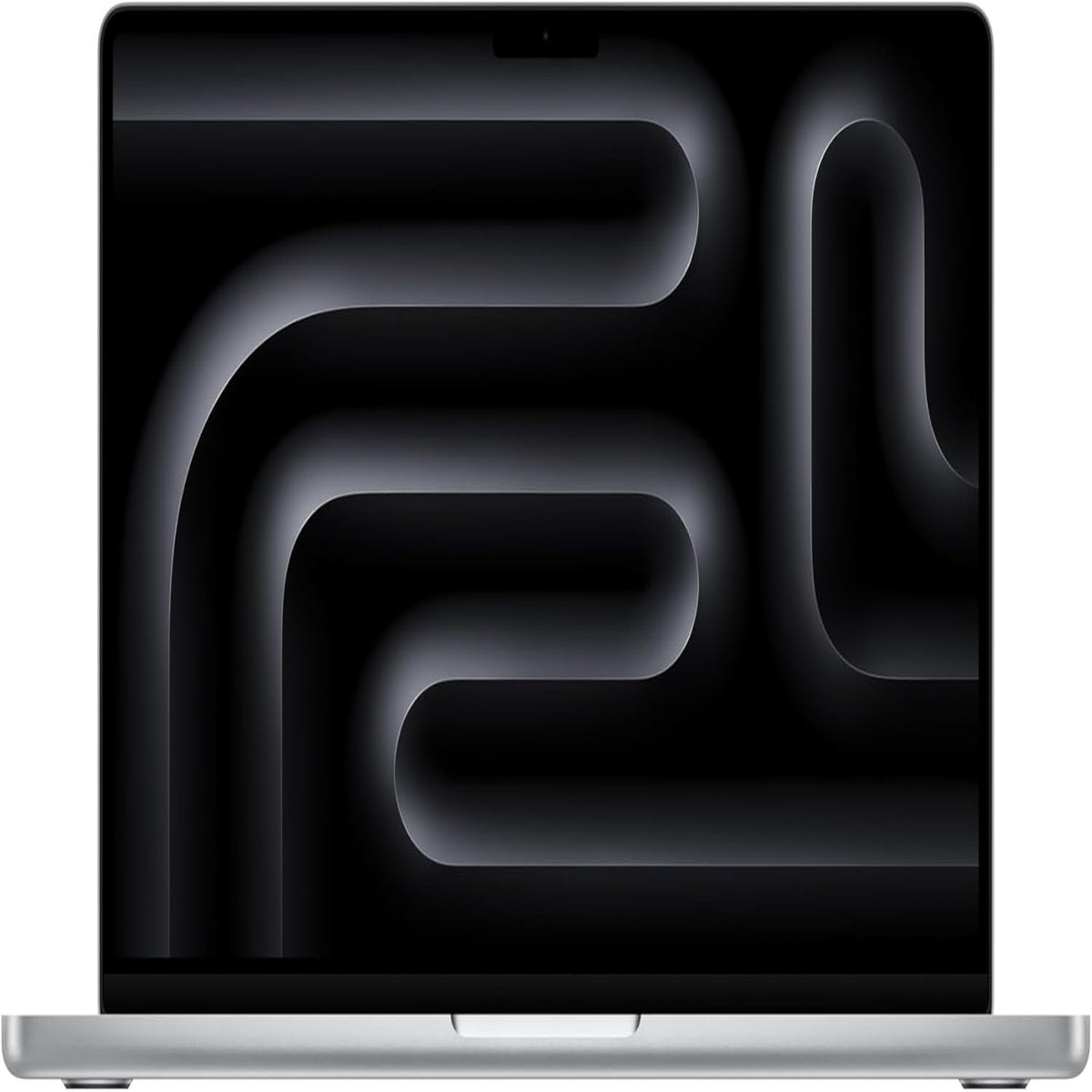 Laptop with a black screen displaying abstract white lines on a white background