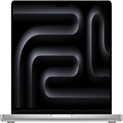 Laptop with a black screen displaying abstract white lines on a white background