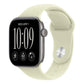 An Apple Watch with a black rectangular digital display and a light sage green sport band, shown on a plain white background.
