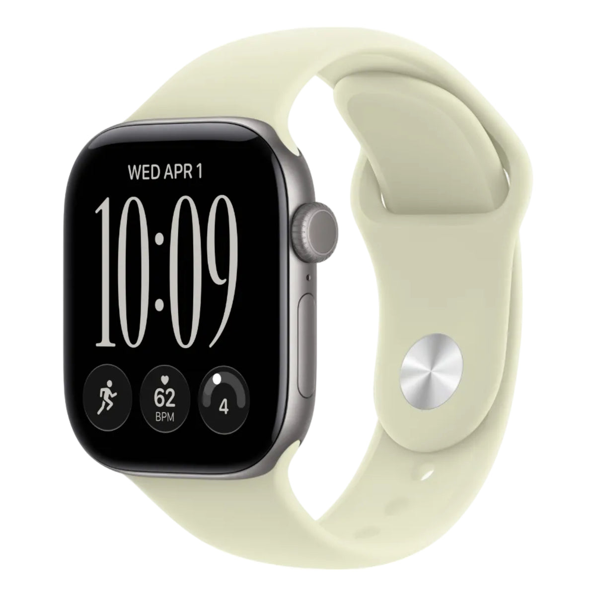 An Apple Watch with a black rectangular digital display and a light sage green sport band, shown on a plain white background.