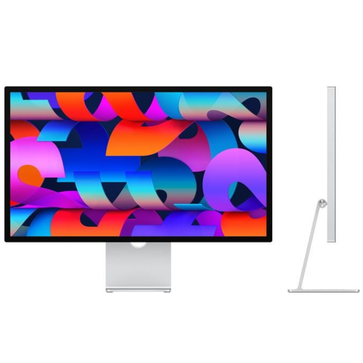 Computer monitor with colorful abstract design on screen and stand on white background