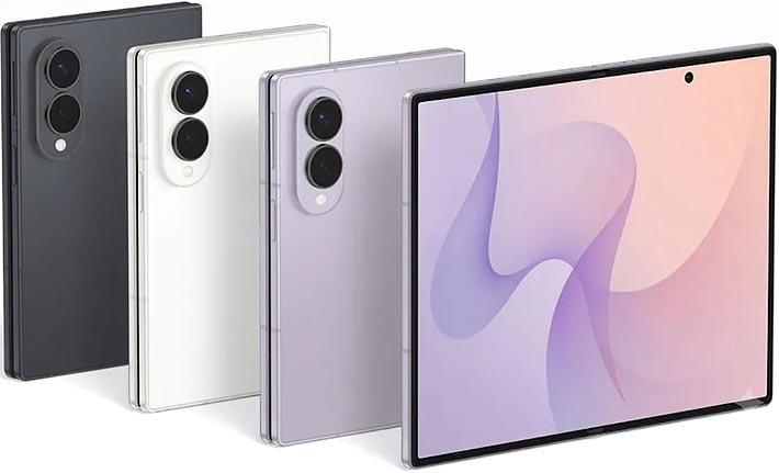 Four foldable smartphones shown standing upright, with three in back and one in front displaying a pink and purple abstract wallpaper. The devices are shown in dark gray, white, and light lavender/purple metallic finishes against a clean white background.