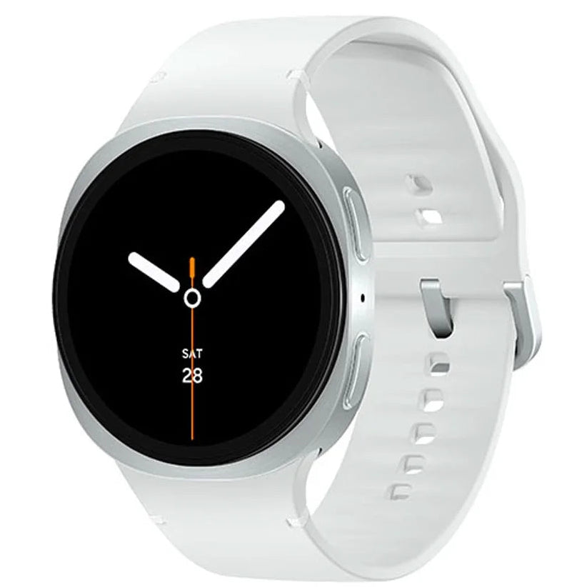 White smartwatch with a black display on a white background