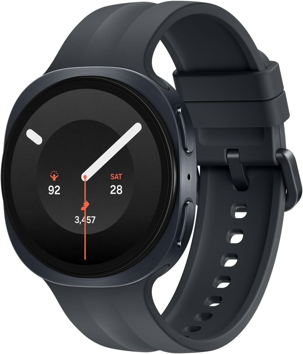 A dark gray smartwatch with a round display and a matching dark gray silicone strap, shown on a plain white background.