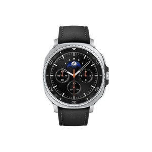 Smartwatch with black leather strap on a white background