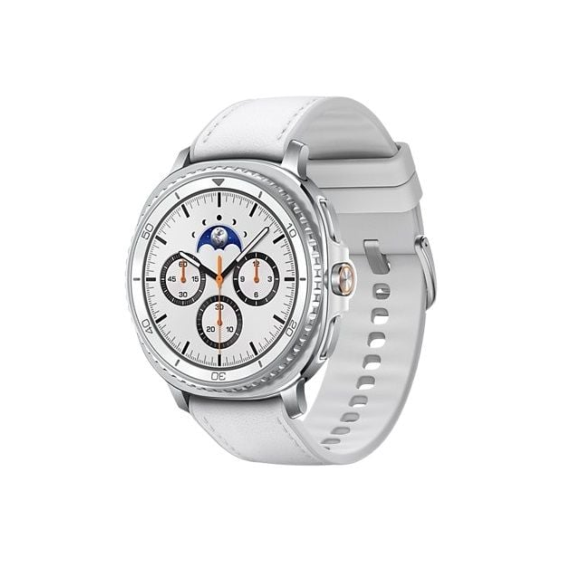 White smartwatch with a detailed face on a white background
