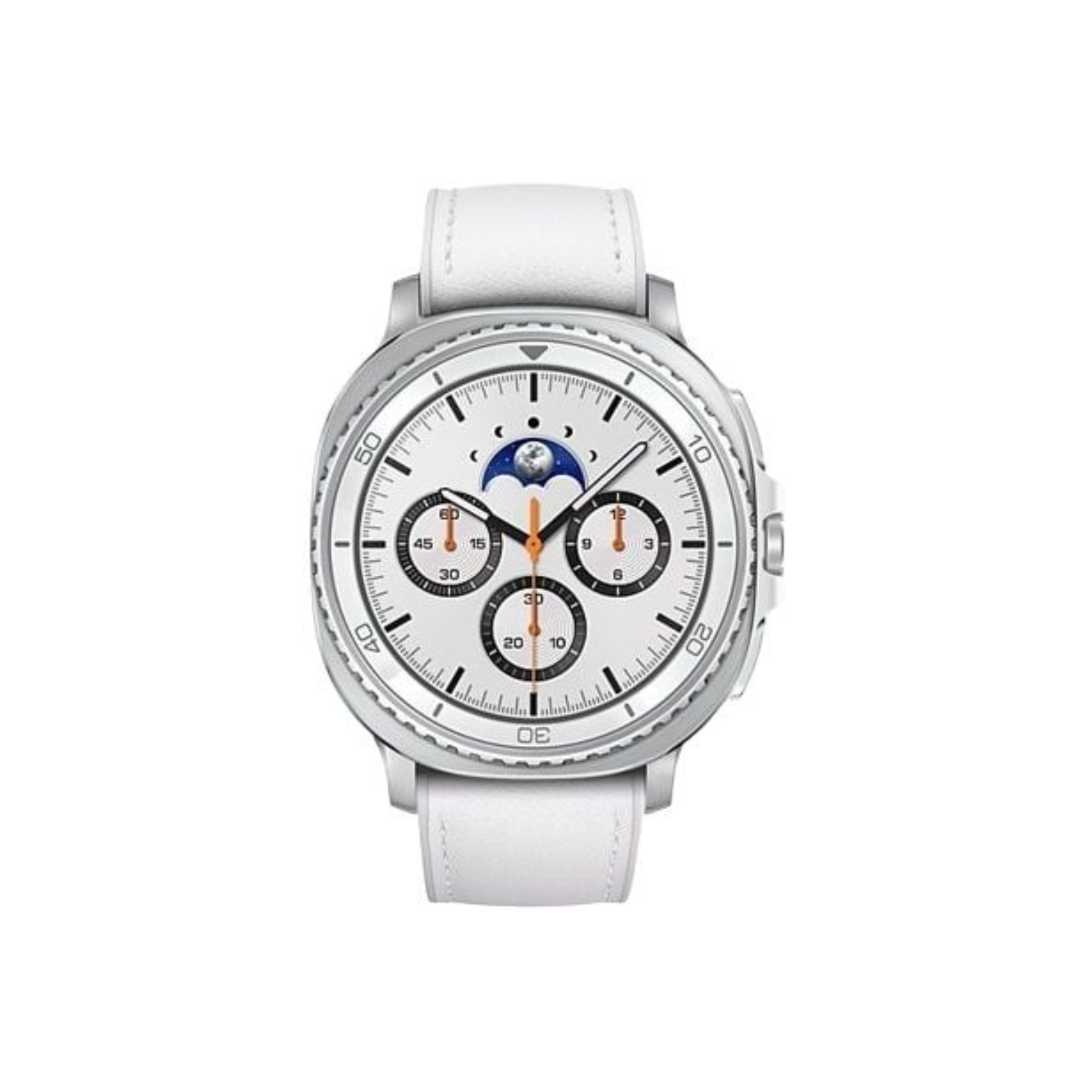 White smartwatch with a detailed face on a white background