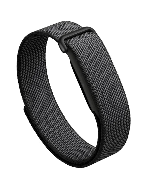 A dark gray woven nylon watch band with a matte black buckle, shown on a solid white background.