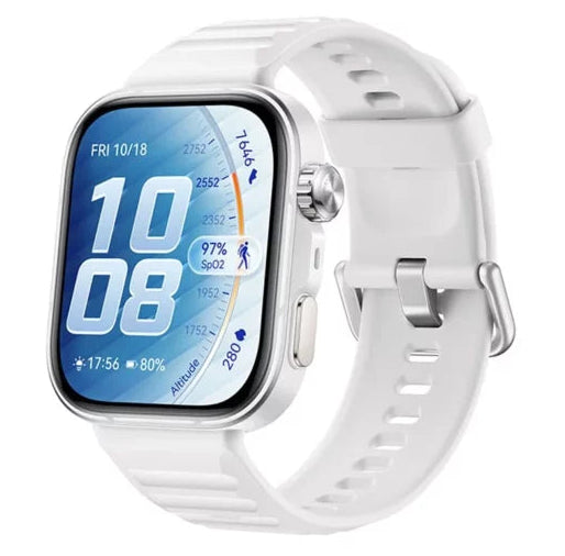 A smartwatch with a square silver-toned case and a thick white silicone strap, shown on a plain white background. The screen is active with a blue digital watch face.