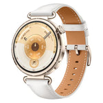 A round smartwatch with a gold-toned dial and a dual-color strap featuring a white exterior and a tan interior, shown on a plain white background.