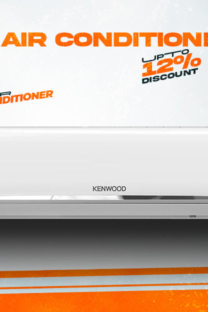 Kenwood heat and cool air conditioner indoor unit shown on a promotional sale banner with orange and white graphics and text.
