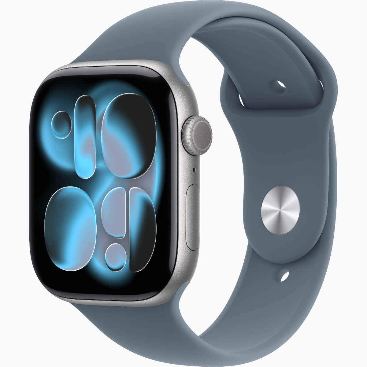 A smartwatch with a slate blue band and a silver-toned case, shown at an angle on a plain light gray background. The watch face displays a blue and black digital pattern.
