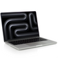 Laptop with a black screen displaying abstract white lines on a white background
