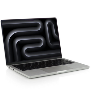 Laptop with a black screen displaying abstract white lines on a white background
