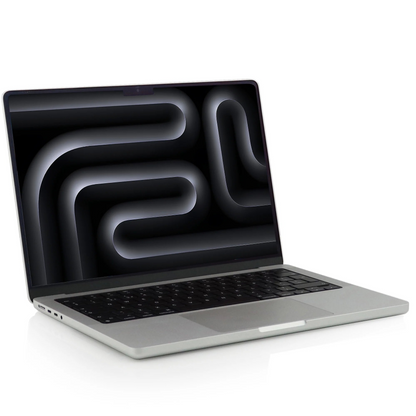 Laptop with a black screen displaying abstract white lines on a white background