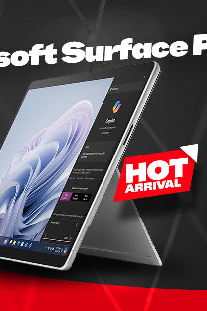 Promotional banner for a Microsoft Surface Pro 10 - 13" Ultra tablet, showing the laptop open at an angle on a dark background with red graphic elements and large sale text reading 'WEEKLY MEGA Super Sale'.