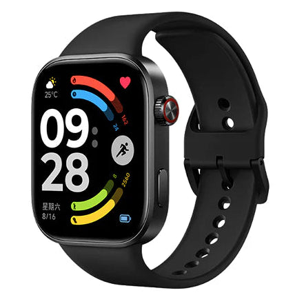 Black smartwatch with a colorful display on a white background