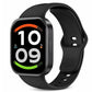 A black smartwatch with a rectangular face and rounded corners, featuring a black silicone strap, shown on a clean white background. The screen displays a digital watch face with white numbers and colorful progress bars.
