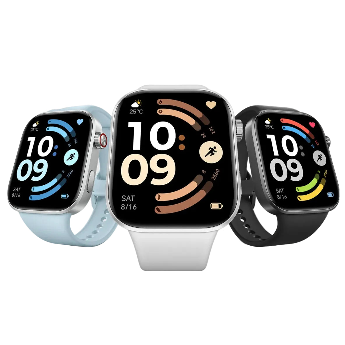 Three smartwatches with different colored bands on a light gray background