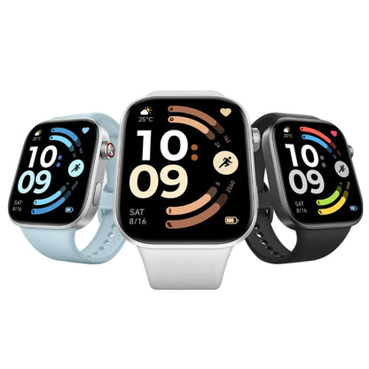 Three smartwatches with different colored bands on a light gray background