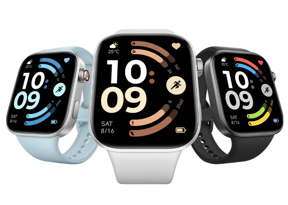Three smartwatches with different colored bands on a light gray background