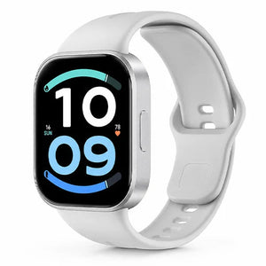 A smartwatch with a silver metallic case and a light gray silicone strap, shown on a clean white background. The watch face is active with a digital clock display showing 10:09.